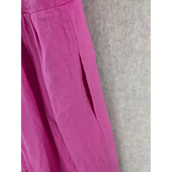 Boden Pink Linen Midi Dress Short Sleeve V Neck Smocked Waist Tiered Hem US 12R - Picture 5 of 6